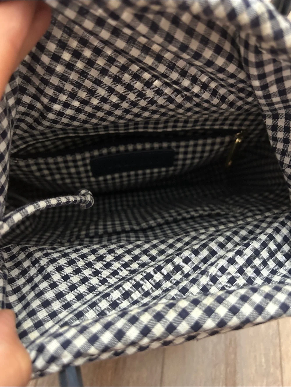 Talbots Navy Woven Tote with Black Faux Leather Handles and gingham lining